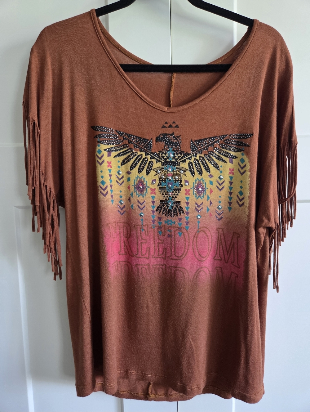 Fringe Sleeve Rust Graphic Tee with Eagle Motif